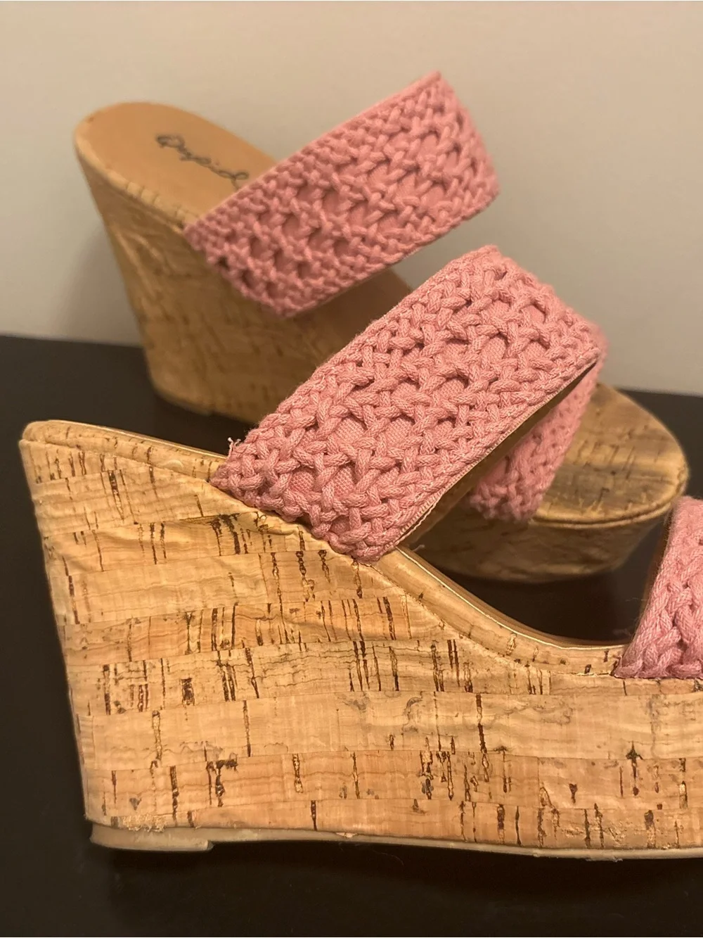 Pink Crochet Wedge Sandals with Cork Sole- Women